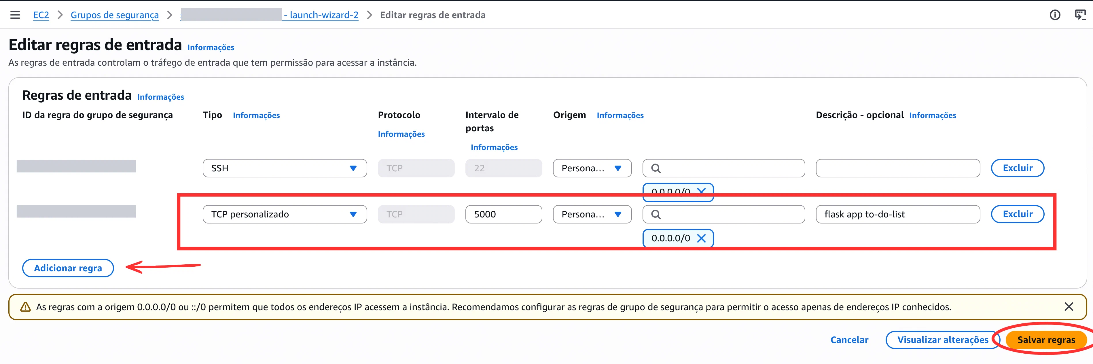 Editar Regras de Entrada